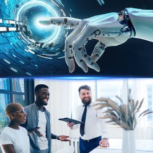 A split image with an AI robotic arm concept and a real estate agent working with clients