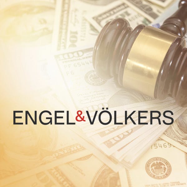 Engel & Volkers logo and a gavel on a pile of hundred-dollar bills
