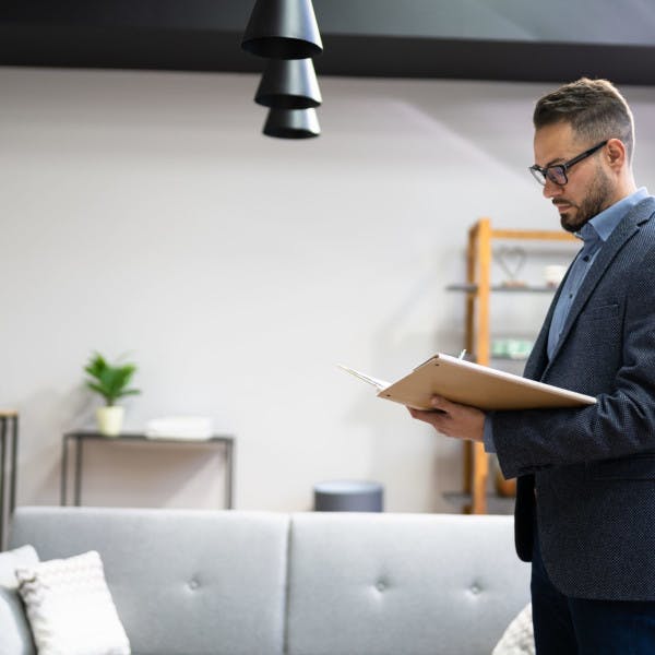 A man takes noted while inspecting an apartment for rent