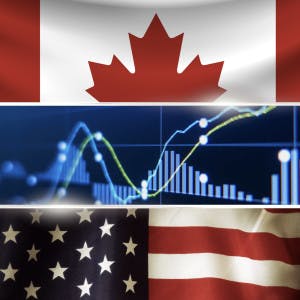 The Canadian and American flags with financial charts