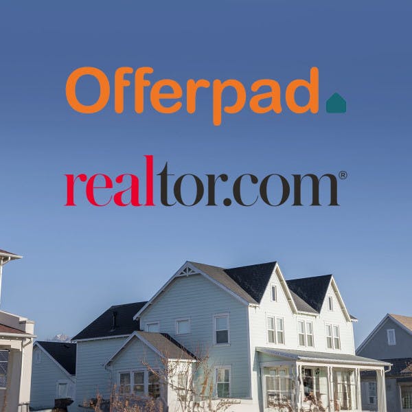 Offerpad and Realtor.com logos and a suburban street lined with houses