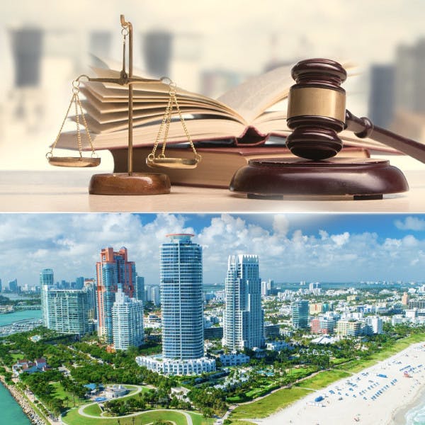 A judge's gavel and the scales of justice with the Miami Beach skyline