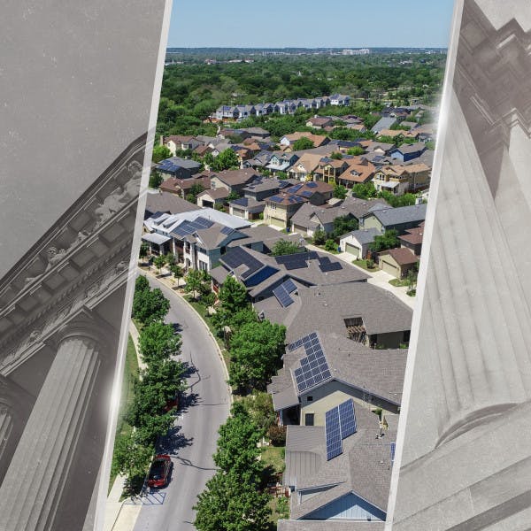 Split image of courthouse and aerial view of houses