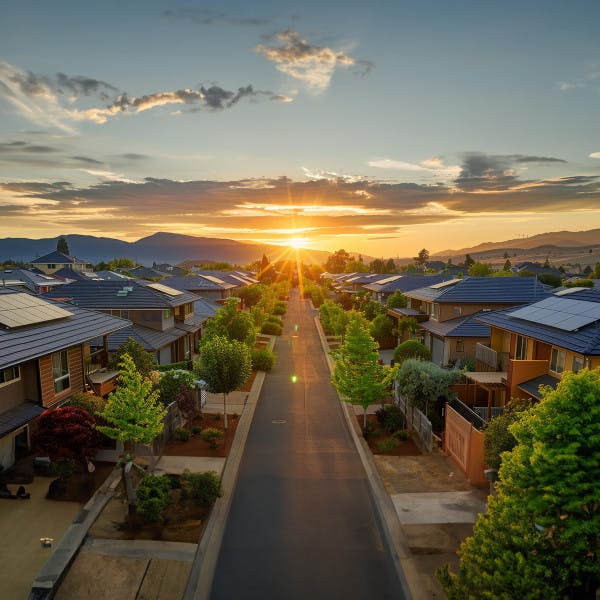 A woman looks down a winding road flanked by houses