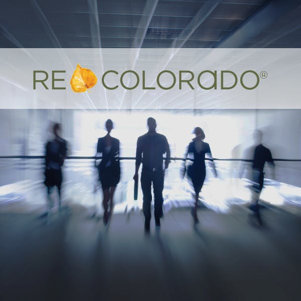 Silhouettes of office workers walking and the REcolorado logo
