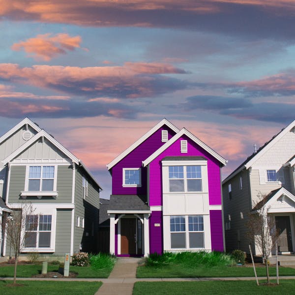 Row of houses with a purple colored house in the center. 