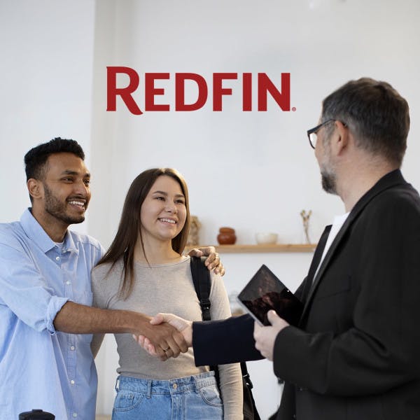 Redfin logo and a couple shaking hands with a real estate agent