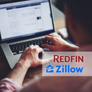 Redfin and Zillow logos and a person on a laptop looking at a home search site