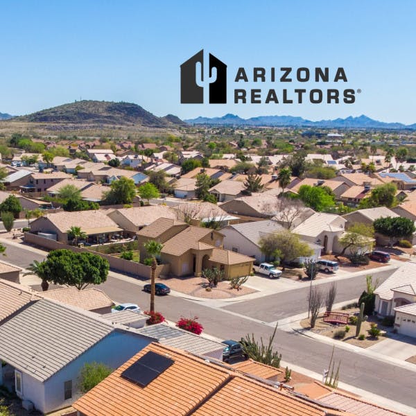 Arizona Association of Realtors logo and an aerial view of an Arizona neighborhood