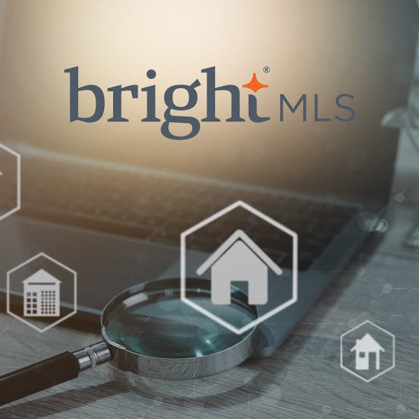 Bright MLS logo and an abstract image of a laptop, magnifying glass and house icons