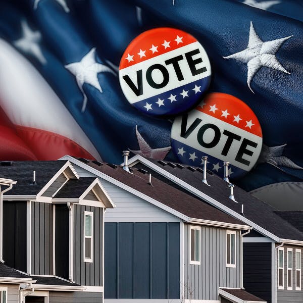 The American flag and "Vote" buttons above a row of houses