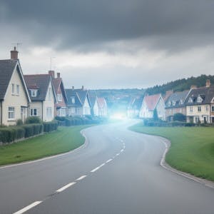 A road runs through a suburban community with a light at the end