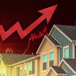 An upward arrow next to a house signifies rising interest rates an an overheated economy.