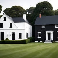 A rendering of a white house next to a black house in a suburban setting